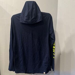 Carhartt Navy Hoodie long sleeve Tshirt with neon green/yellow logo- EUC Size L